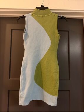 Sleeveless Mock Neck Knit Sweater Dress Green & Blue Y2K 90’s inspired Size S
